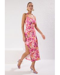 Trendyol - Rosa-Mehrfarbenes, Bodenbetontes, Gewebtes Finike-Midikleid Mit Blumenmuster Und Ungefüttertem, Schickem/Abendkleid Für Damen - Lyst