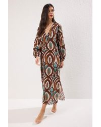 Trendyol - Ethnisch Gemustertes Maxi-Strandkleid Aus 100 Baumwolle Mit Ballonärmeln Für Damen - Lyst