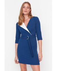 Trendyol - Marineblaues, Gewebtes Minikleid Mit Zweireihigem Ausschnitt Und Gürtel Für Damen - Lyst