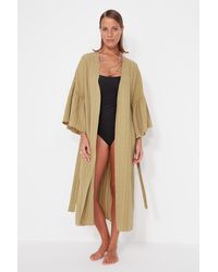 Trendyol - Khakifarbener Maxi-Kimono Und Kaftan Aus Leinenmischung Mit Gewebtem Volant Und Gürtel Für Damen - Lyst