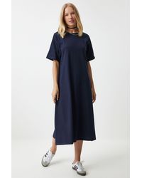 Happiness İstanbul - Marineblaues, Lockeres, Bequemes Kleid Aus Gekämmter Baumwolle – Rundhalsausschnitt, Für Damen - Lyst