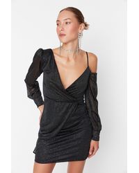 Trendyol - Schwarzes Glitzer-Abendkleid Aus Strick – Kragendetail, Kurzes, Stylisches Kleid Für Damen - Lyst