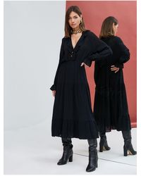 Koton - Langes Kleid Mit Volants, Rüschen, Detailliertem V-Ausschnitt Und Knöpfen Für Damen - Lyst