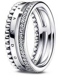 PANDORA - Signature Ring Mit Pavé-Logo Und Perlen 192312C01 - Lyst
