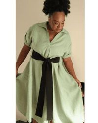 Lora Gene - Ajas Linen Dress With Belt In Greenblack By - Lyst