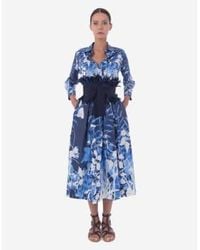 Sara Roka - Elenat vestido midi floral abstracto con cinturón col: 190 azul/wh - Lyst