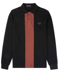 Fred Perry - Long Sleeve Panelled Polo Shirt /burnt Tobacco Extra Large - Lyst