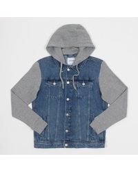Hollister Hooded Denim Jacket With Gray Sweat Sleeves And Hood In Mid Wash  in Blue for Men