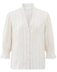 Yaya - Striped Blouse With V-neck, Half Long Sleeves And Ruffles Gray Morn Beige Dessin 34 Grey - Lyst