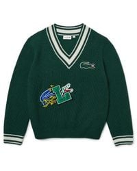 Lacoste - Holiday striped v-neck sweater comic book effect badge - Lyst