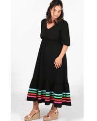 MSH - V Neck Puff Sleeve Tiered Ribbon Stripe Cotton Maxi Dress In - Lyst