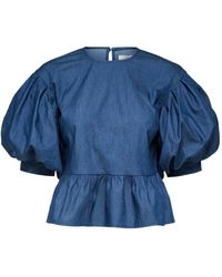 SELECTED Puff Sleeve Peplum Shirt - Blue