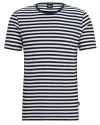 BOSS - Tiburt 457 Dark Cotton And Linen Striped T-shirt 50513401 404 S - Lyst