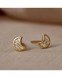 Posh Totty Designs - Pave Moon 9Ct Stud Earrings With Cubic Zirconia - Lyst