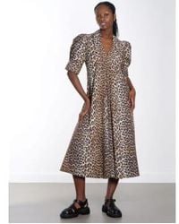 Ganni - Robe longue à col en v en popeline coton léopard - Lyst