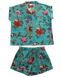 Powell Craft - Damen blaugrüne exotische blumendruck baumwolle kurzpyjama -set - Lyst