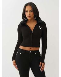 TRUE RELIGION - Ribbed Faux Fur Zip Sweater - Lyst