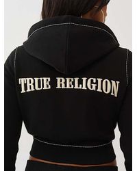 TRUE RELIGION Shrunken Big T Zip Up Hoodie in Black | Lyst