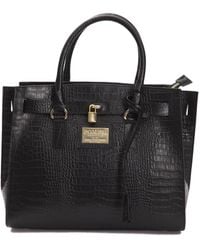 Pompei Donatella Crocodile Texture Logo-plaque Leather Handbag - Black