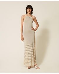 Twinset - Long Knit Dress With Crochet Flowers - Lyst