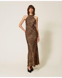 Twinset - Long Animal Print Satin Halter Neck Dress - Lyst