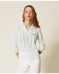 Twinset - Polo Collar Cable Knit Jumper With Brooch - Lyst