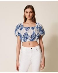 Twinset - Cropped Ramie Blouse With Floral Print - Lyst