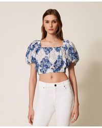 Twinset - Cropped Ramie Blouse With Floral Print - Lyst