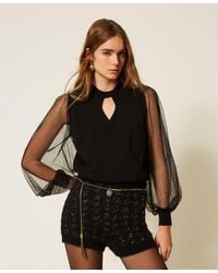 Twinset - Jumper With Plumetis Tulle Sleeves - Lyst