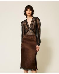 Twinset - Midi Froissé Satin And Lace Skirt - Lyst