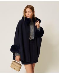 Twinset - Wool Cloth Poncho With Faux Fur - Lyst