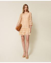 Twinset - Short Striped Lace Dress With Belt - Lyst
