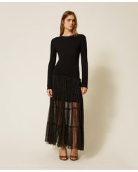 Twinset - Long Knit Dress With Plumetis Tulle - Lyst