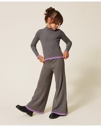 Twinset - Ribbed Knit Trousers With Contrasting Details, Two-Tone Dark Melange/"Hyacinth" - Lyst