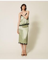 Twinset - Midi Froissé Satin And Lace Skirt - Lyst