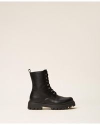 Twinset - Leather Combat Boots With Logo - Lyst