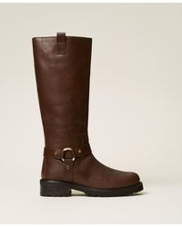 Twinset - Leather High Biker Boots With Ring - Lyst