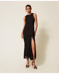 Twinset - Long Satin And Lace Dress - Lyst