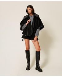Twinset - Wool Cloth Poncho With Faux Fur Collar - Lyst