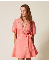 Twinset - Short Ramie Dress With Embroidery - Lyst