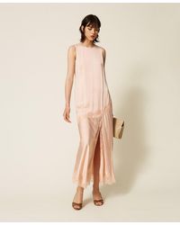 Twinset - Long Satin And Lace Dress - Lyst