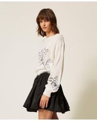 Twinset - Jumper With Floral Embroidery And Fringes - Lyst