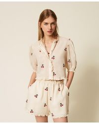 Twinset - Cropped Ramie Shirt With Cherry Embroidery - Lyst