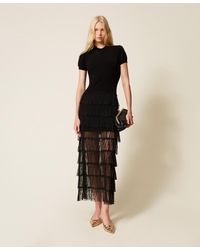 Twinset - Long Knit Dress With Plumetis Lace - Lyst