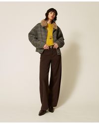 Twinset - Double Check Wool Caban Coat With Faux Fur - Lyst
