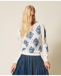 Twinset - Diamond Pattern Jumper With Floral Print - Lyst