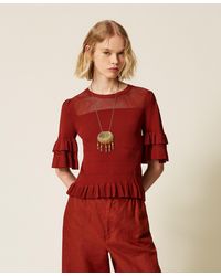 Twinset - Rib Knit And Mesh Jumper With Ruffles - Lyst