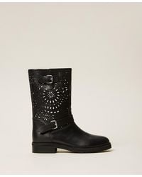 Twinset - Openwork Leather Biker Boots - Lyst