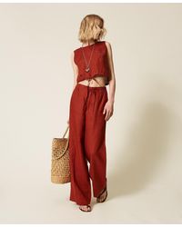 Twinset - Linen Trousers With Embroidered Logo - Lyst