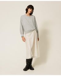 Twinset - Plush Fabric And Embroidered Tulle Long Dress, Two-Tone Light Melange/"Sand" Embroidery - Lyst